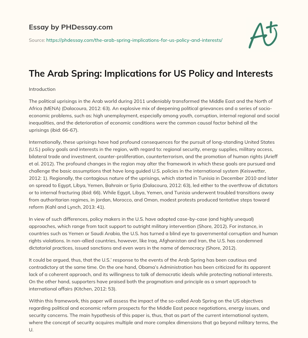 The Arab Spring: Implications for US Policy and Interests essay