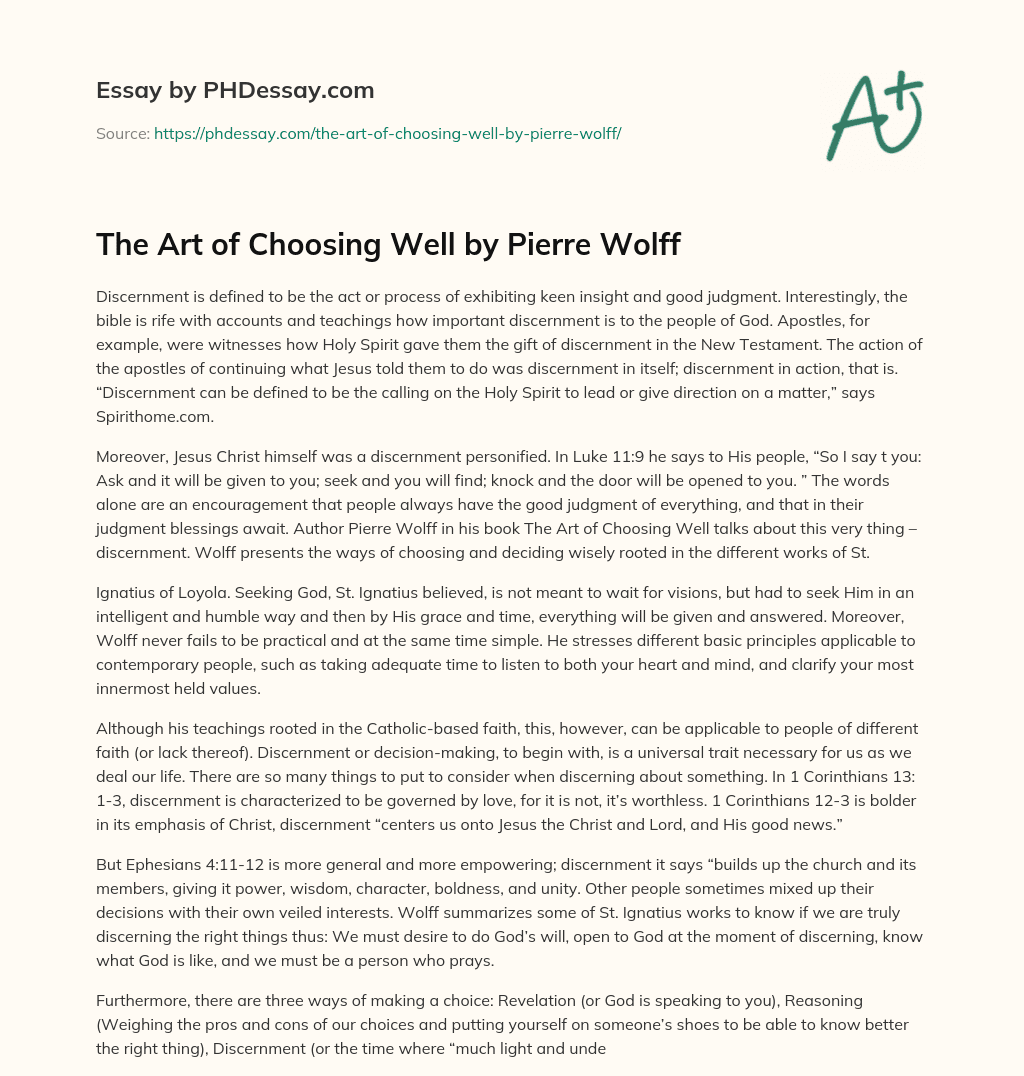 The Art of Choosing Well by Pierre Wolff essay
