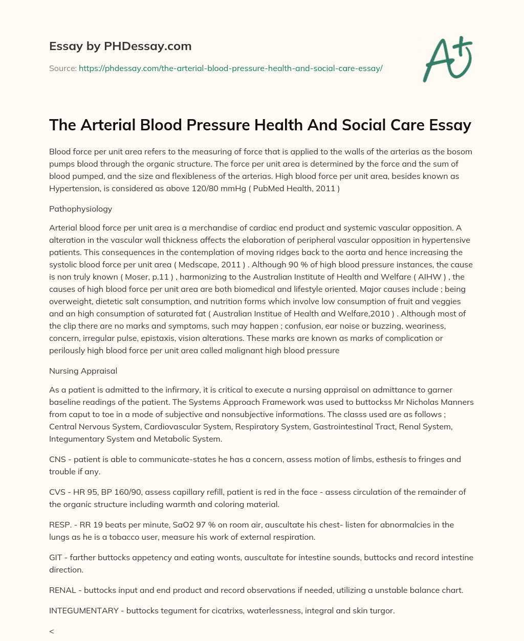 The Arterial Blood Pressure Health And Social Care Essay essay