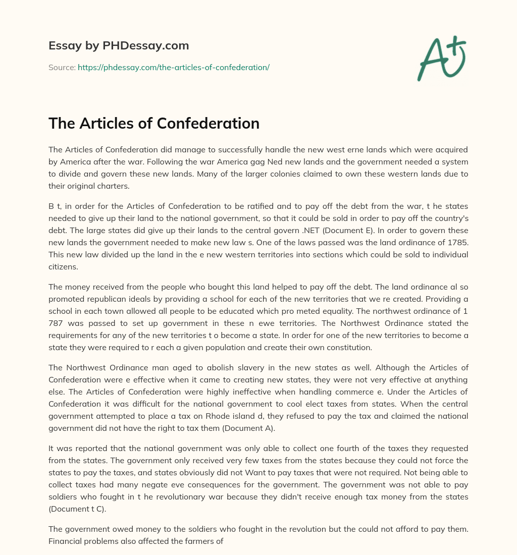 The Articles of Confederation essay