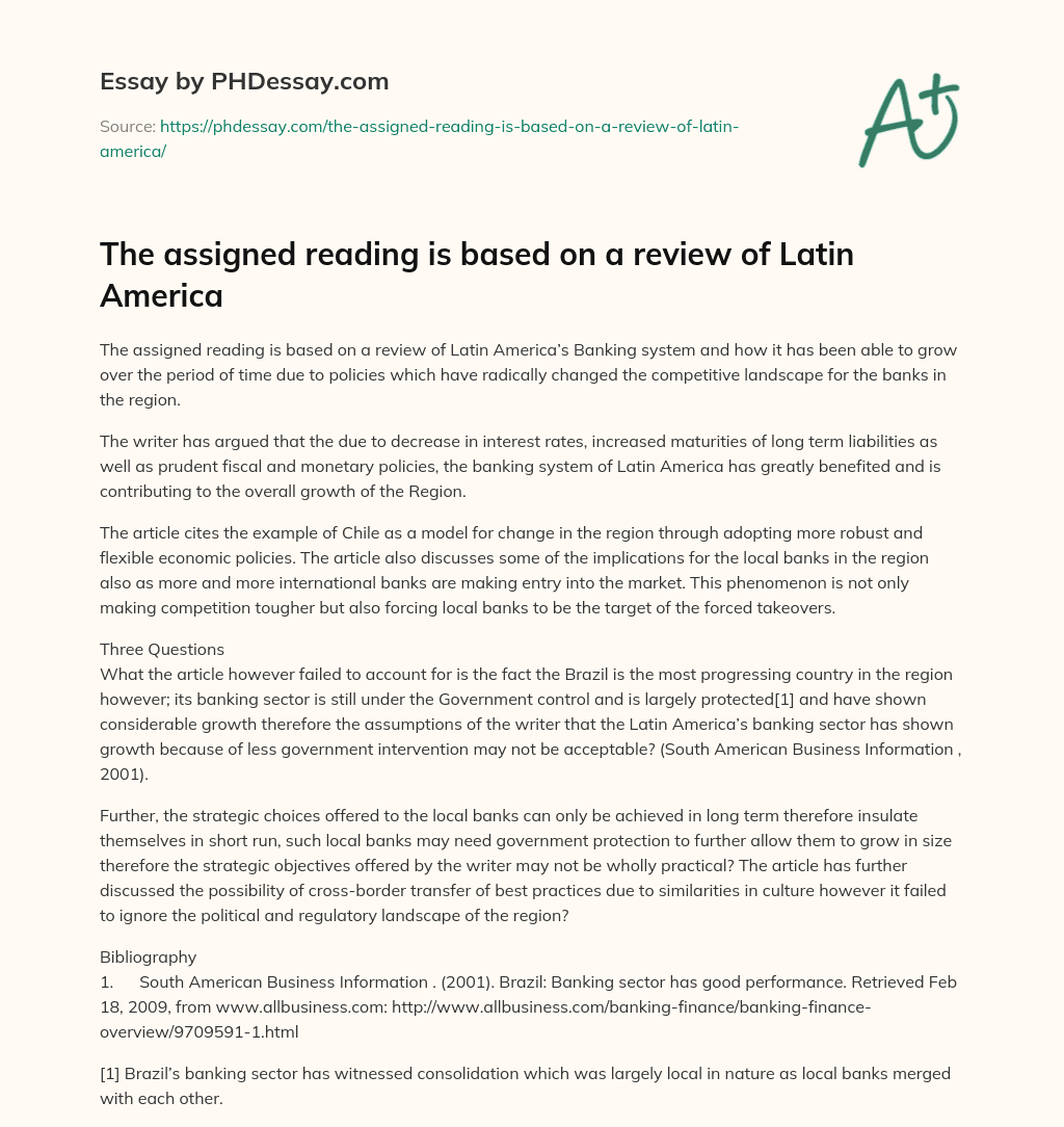 The assigned reading is based on a review of Latin America essay