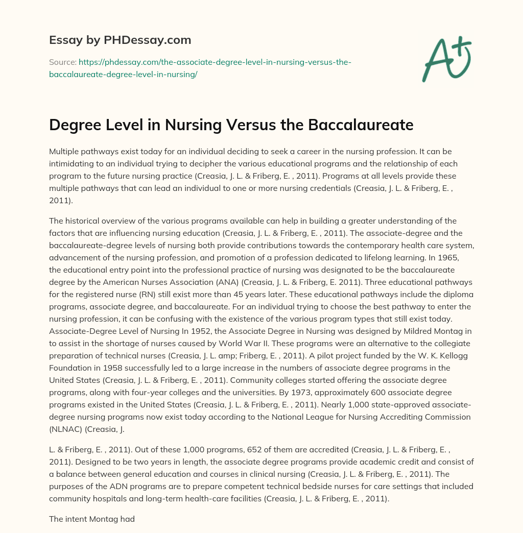 Degree Level in Nursing Versus the Baccalaureate essay