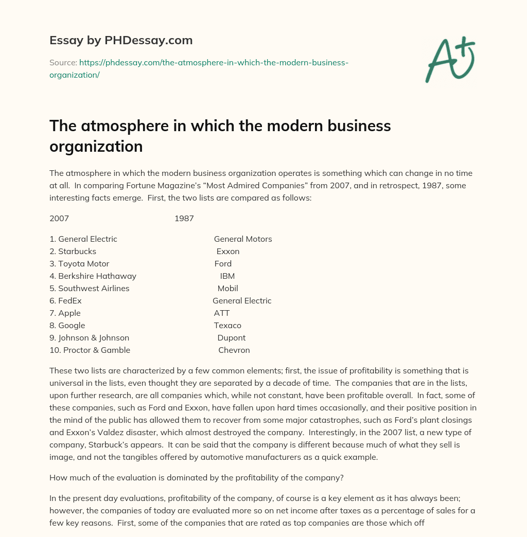 The atmosphere in which the modern business organization essay