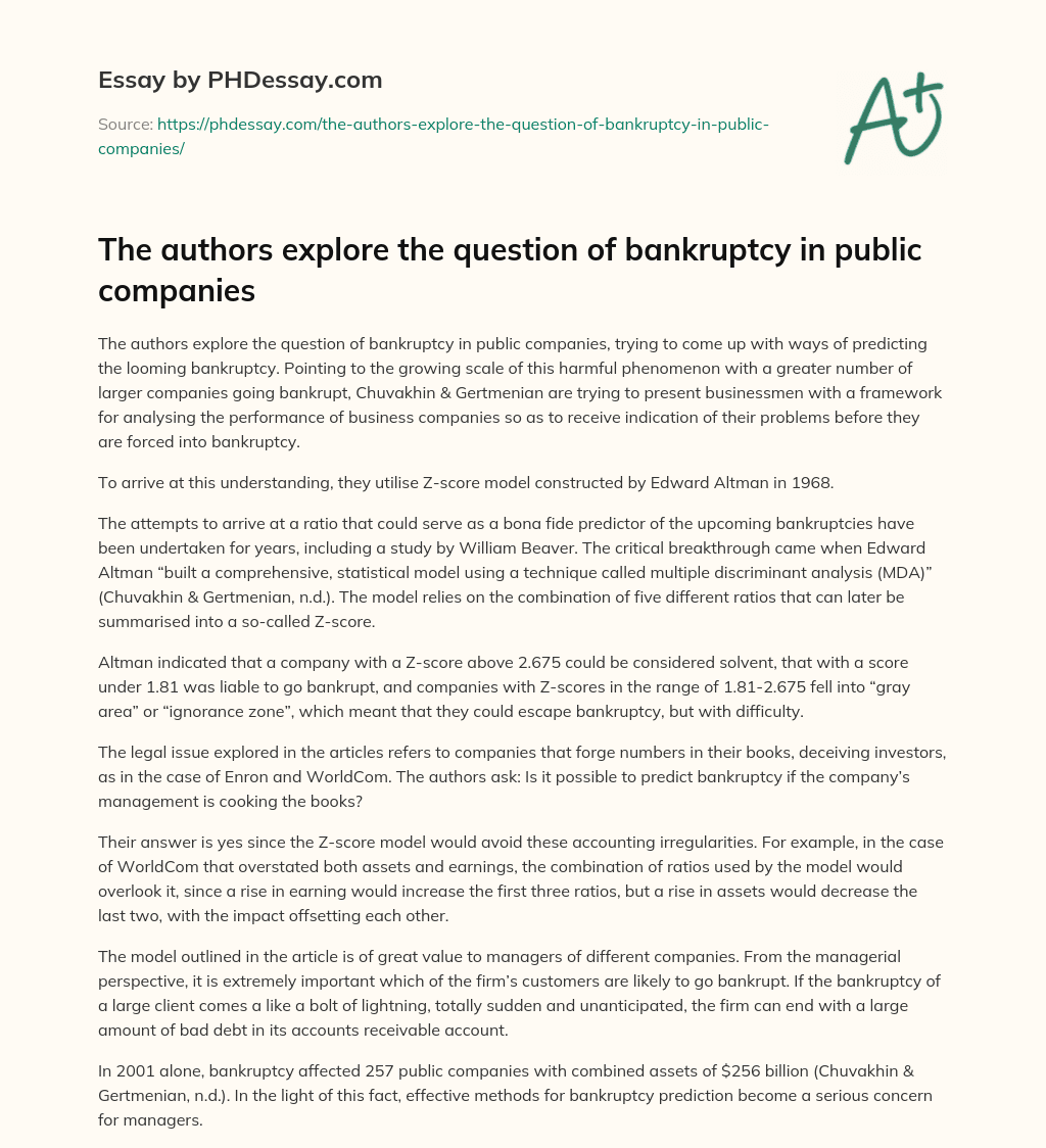 The authors explore the question of bankruptcy in public companies essay