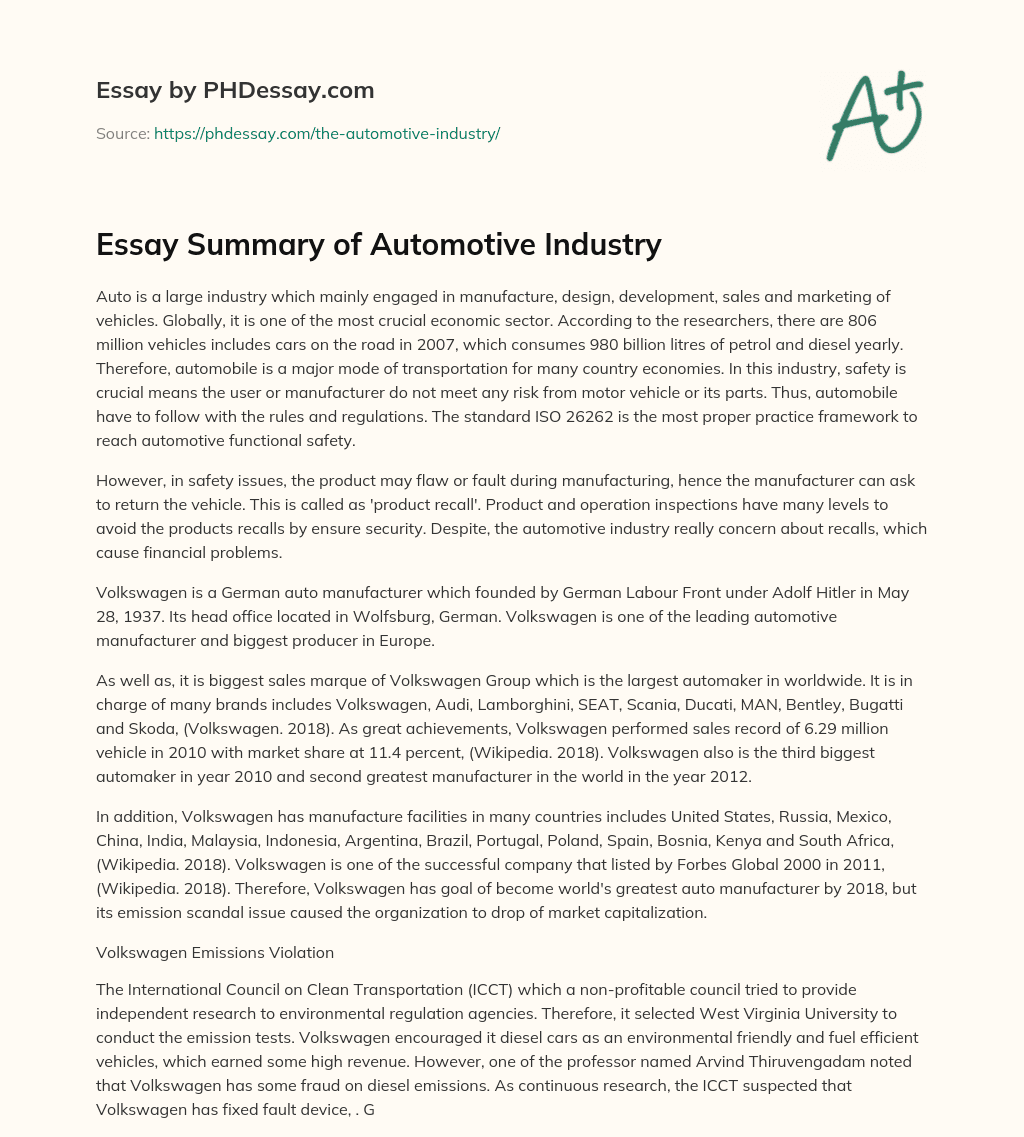 Essay Summary of Automotive Industry essay