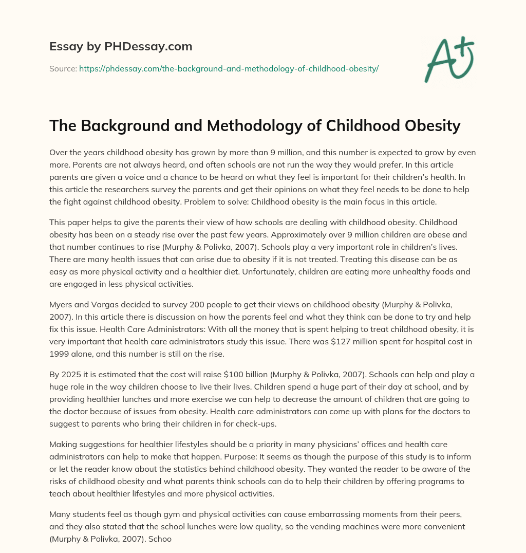 The Background and Methodology of Childhood Obesity essay