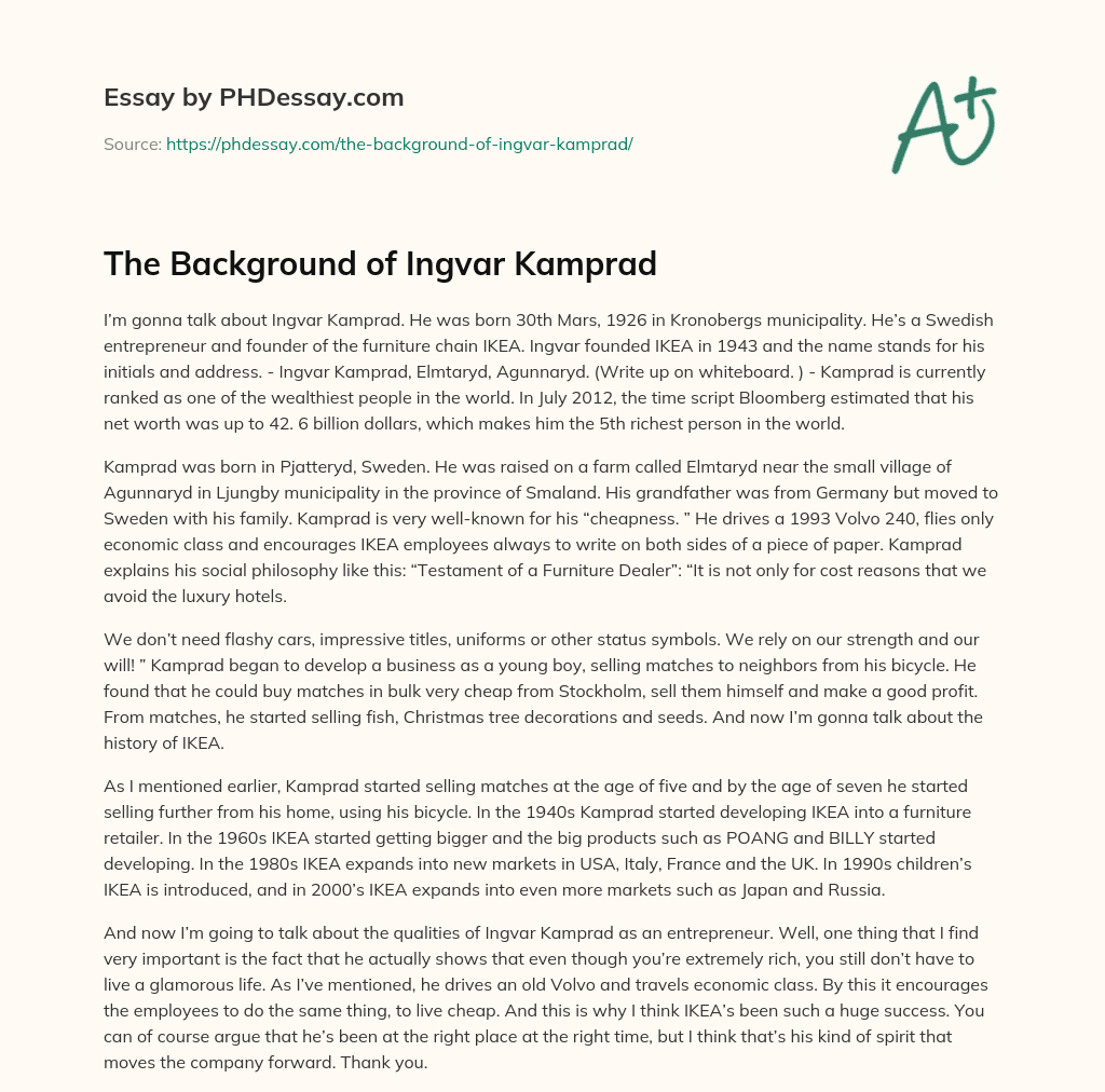 The Background of Ingvar Kamprad essay