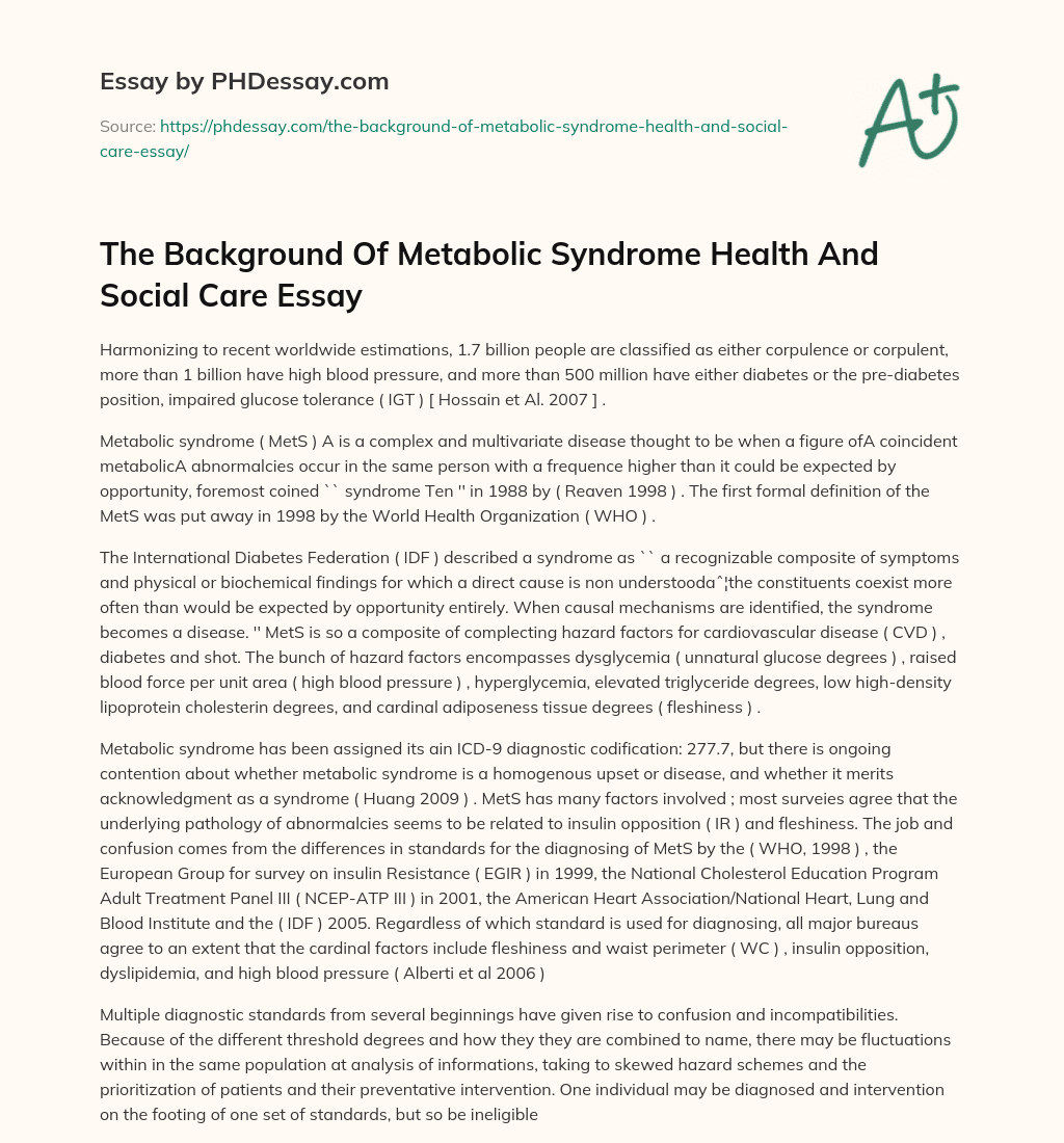 The Background Of Metabolic Syndrome Health And Social Care Essay essay