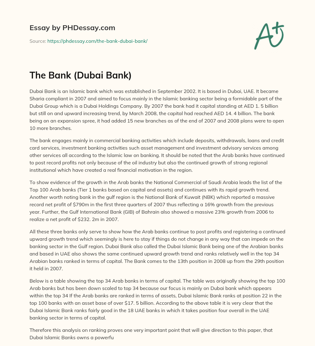 The Bank (Dubai Bank) essay