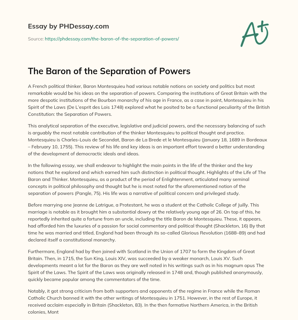 The Baron of the Separation of Powers essay