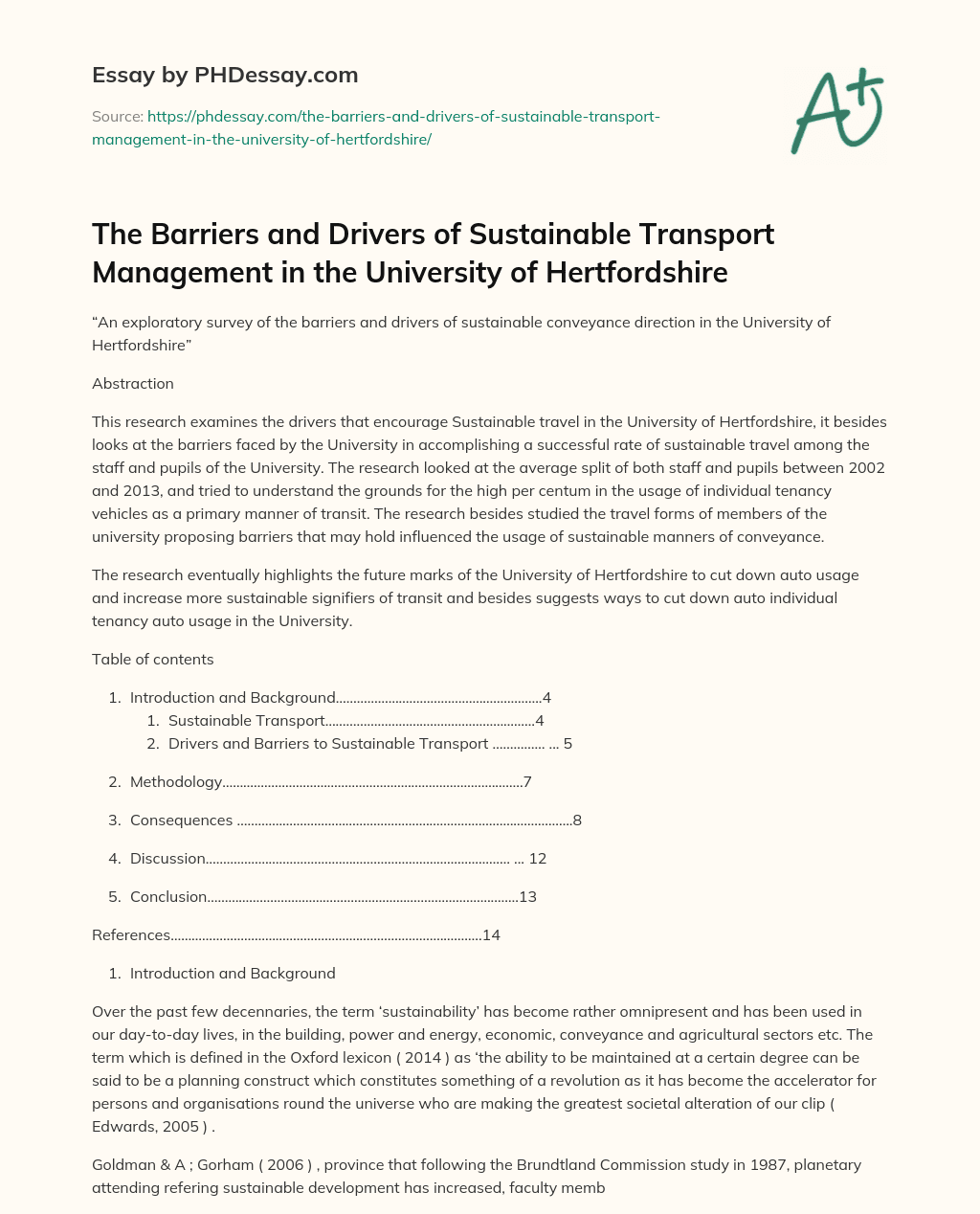 The Barriers and Drivers of Sustainable Transport Management in the University of Hertfordshire essay