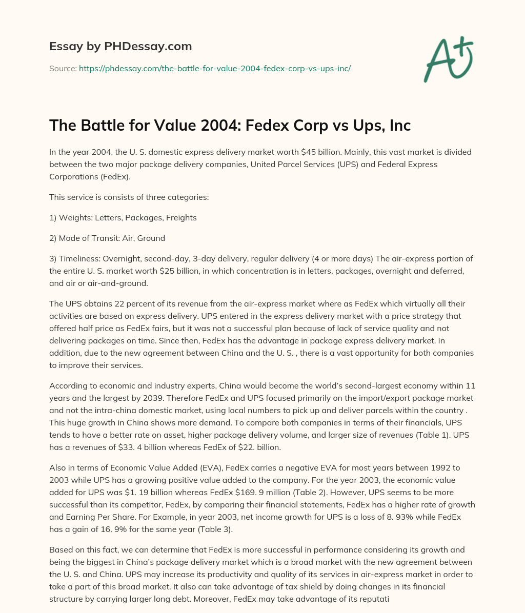 The Battle for Value 2004: Fedex Corp vs Ups, Inc essay