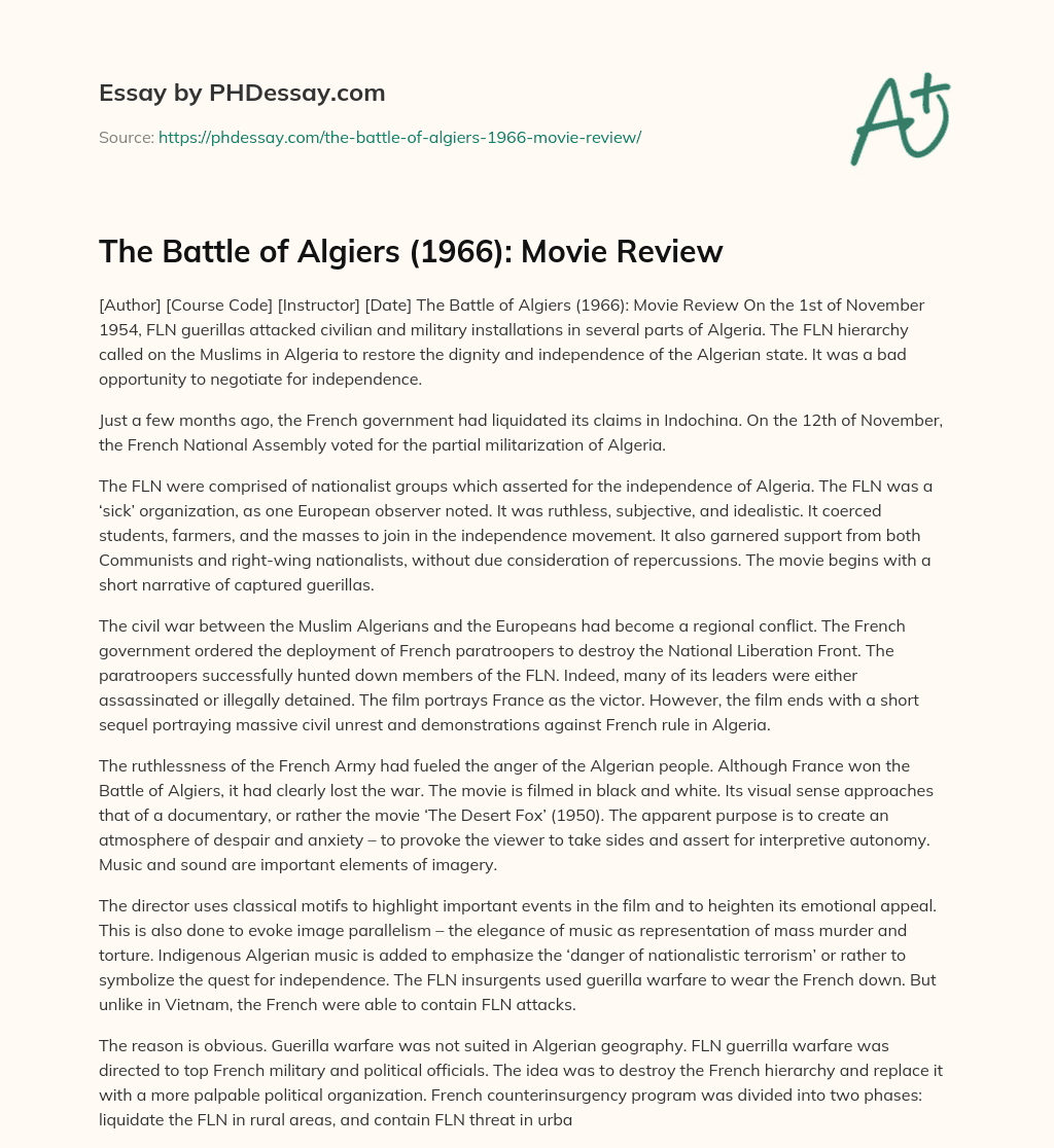 The Battle of Algiers (1966): Movie Review essay