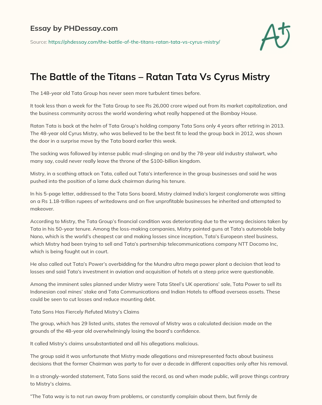 The Battle of the Titans – Ratan Tata Vs Cyrus Mistry essay