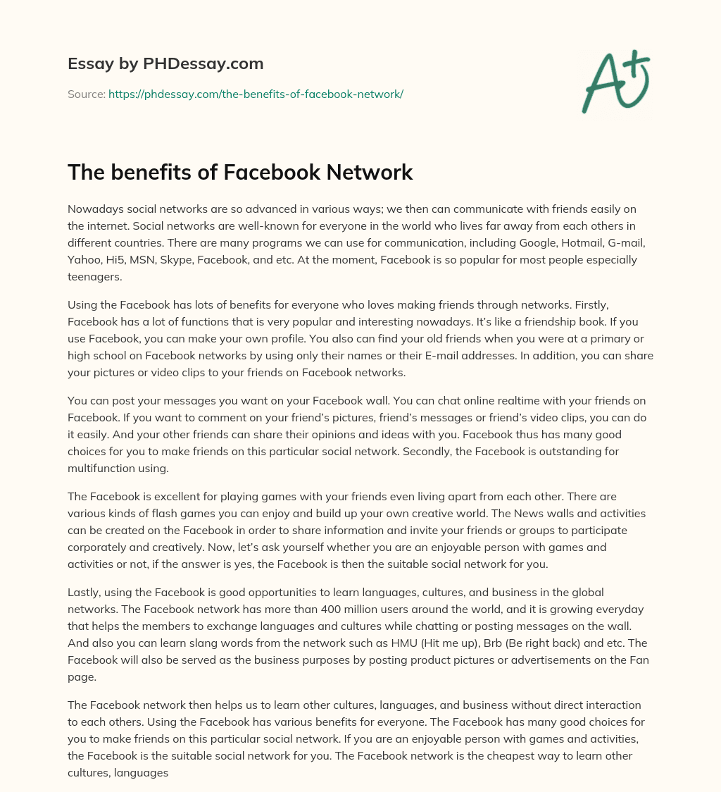 The benefits of Facebook Network essay