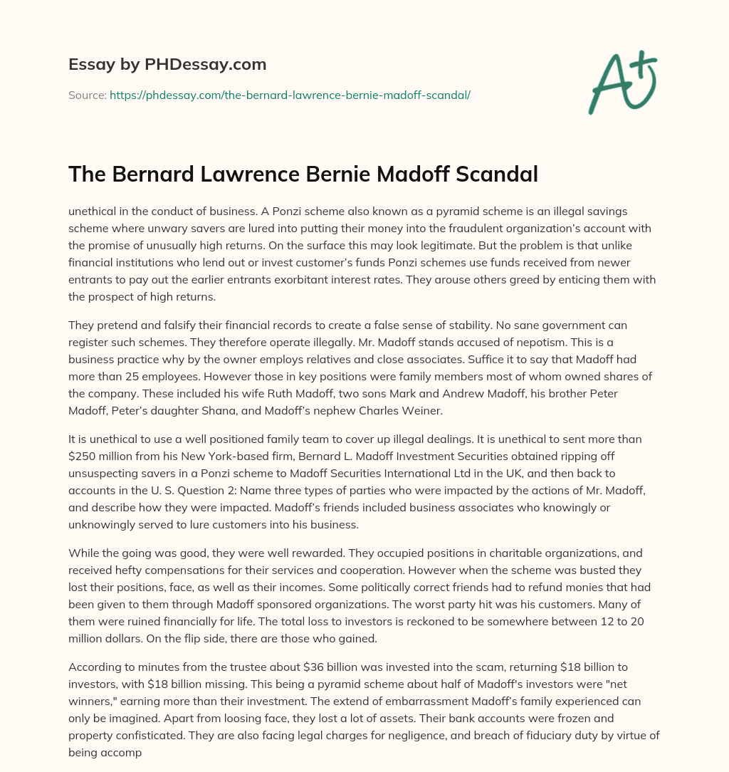 The Bernard Lawrence Bernie Madoff Scandal essay