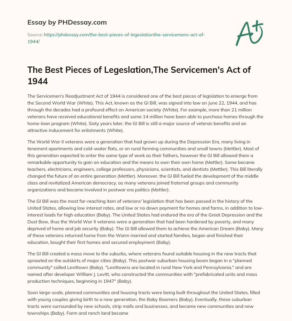 The Best Pieces of Legeslation,The Servicemen’s Act of 1944 essay