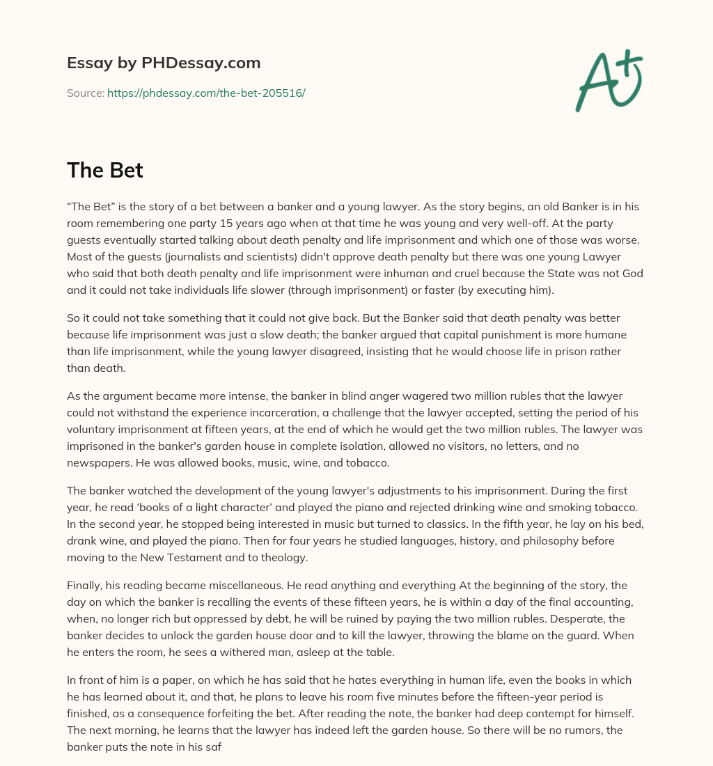 The Bet: A Story of a Wager on Life Imprisonment vs. Death Penalty essay