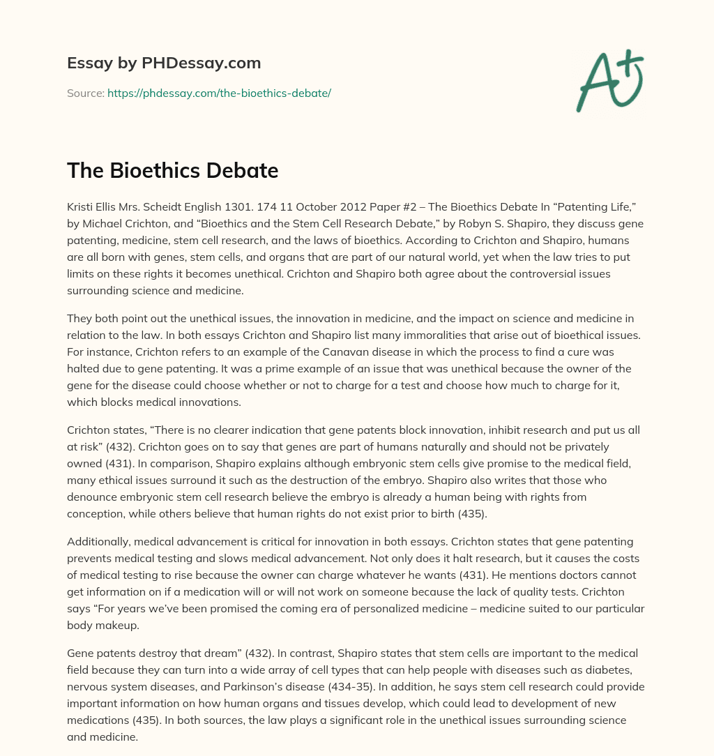 The Bioethics Debate essay