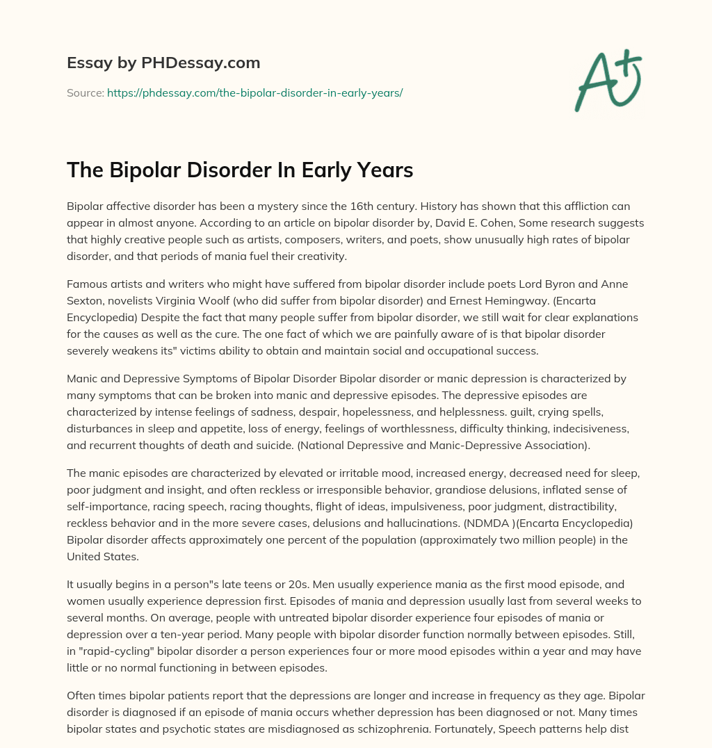 The Bipolar Disorder In Early Years essay