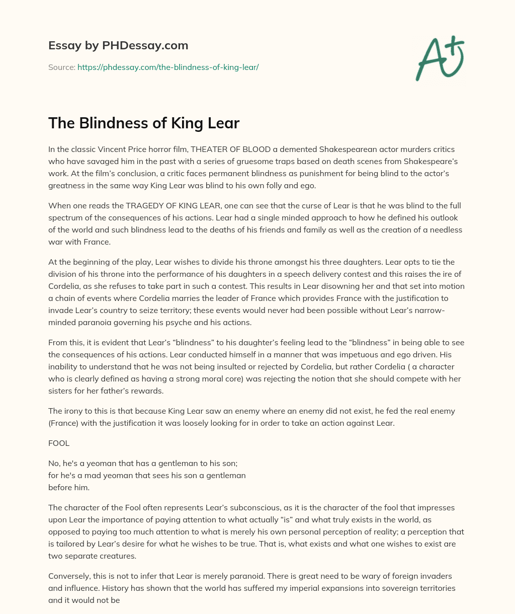 king lear blindness essay