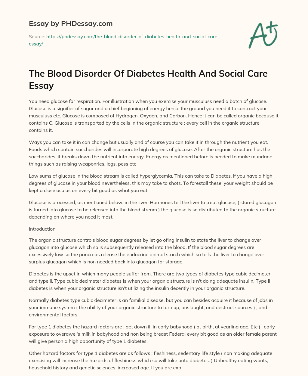 The Blood Disorder Of Diabetes Health And Social Care Essay essay
