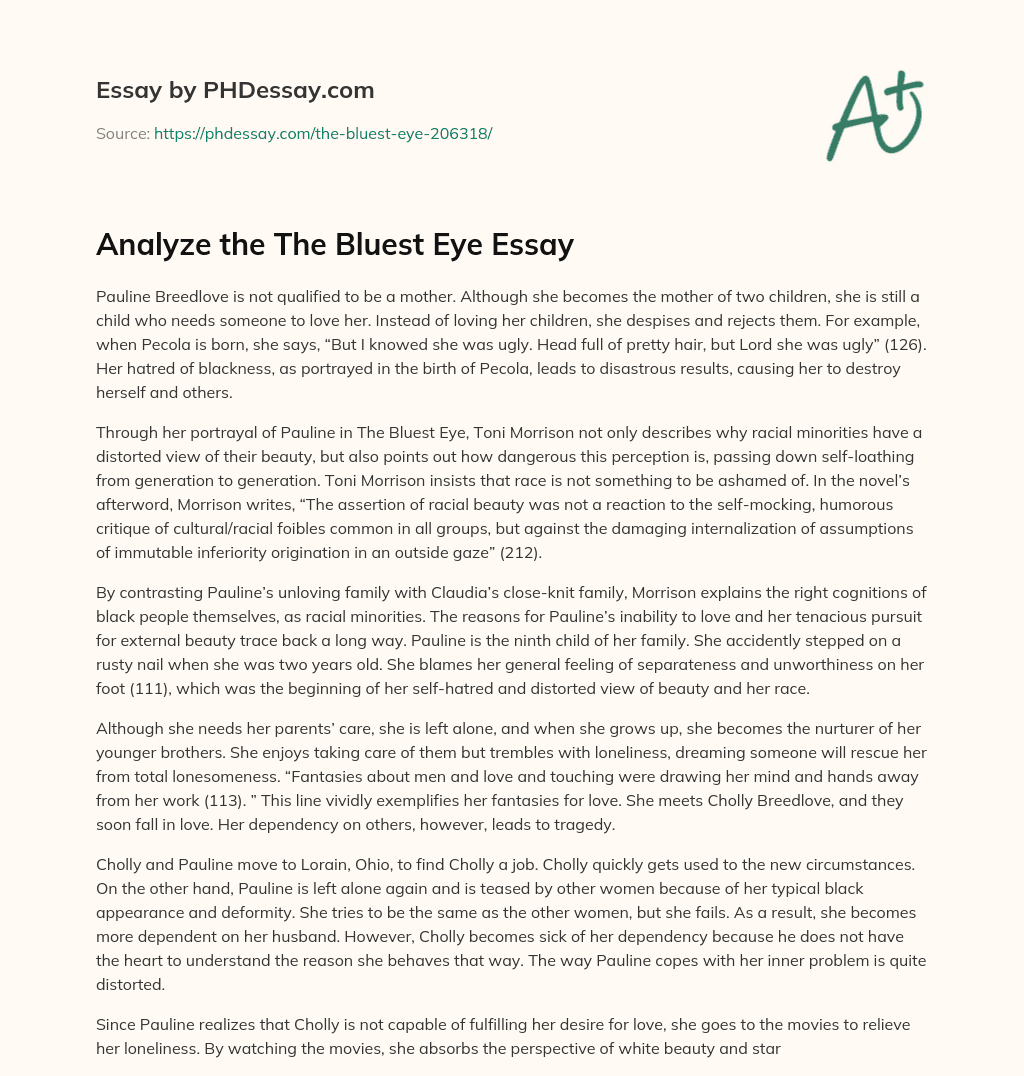 The Dangers of Self-Loathing and Distorted Beauty Ideals in Toni Morrison’s The Bluest Eye essay