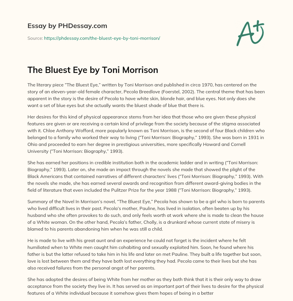 The Bluest Eye by Toni Morrison essay