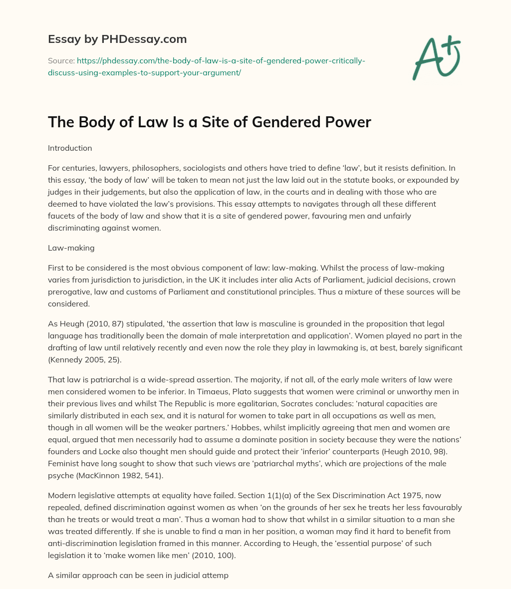 The Body of Law Is a Site of Gendered Power essay