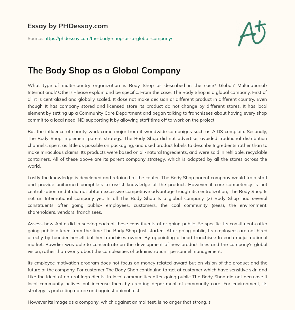 The Body Shop as a Global Company essay