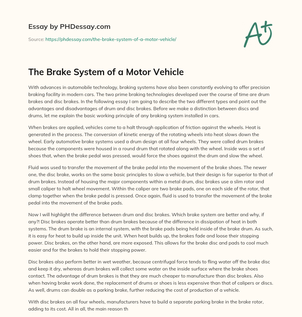 The Brake System of a Motor Vehicle essay