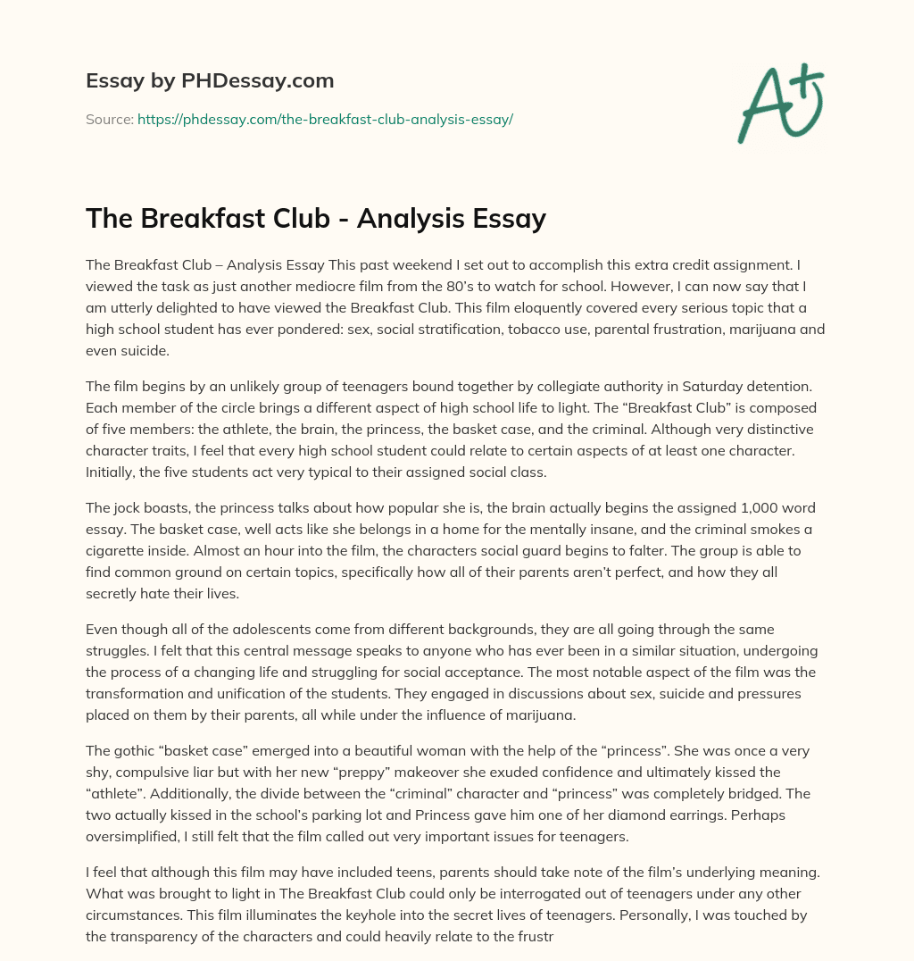 essay questions for breakfast club