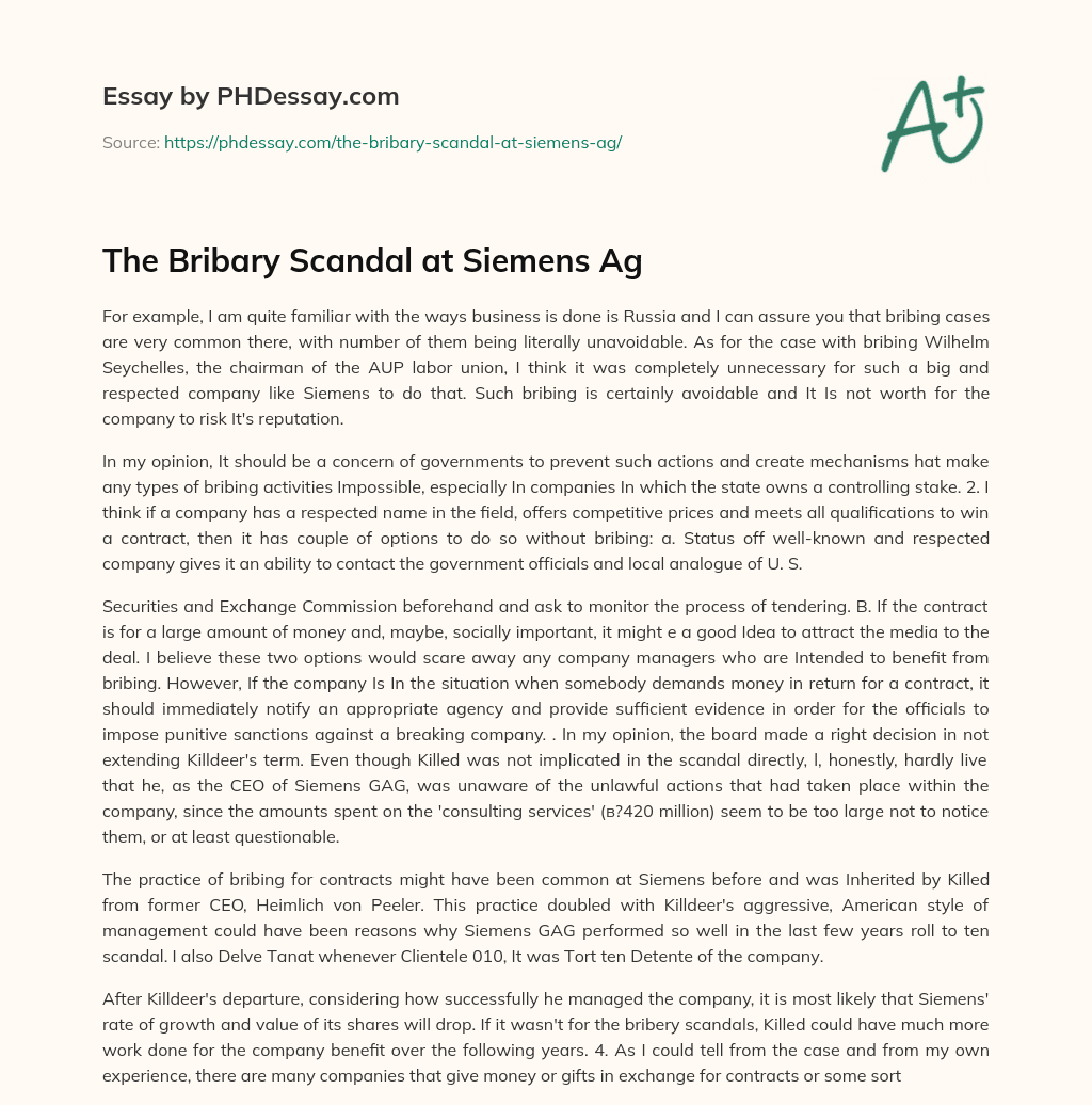 The Bribary Scandal at Siemens Ag essay