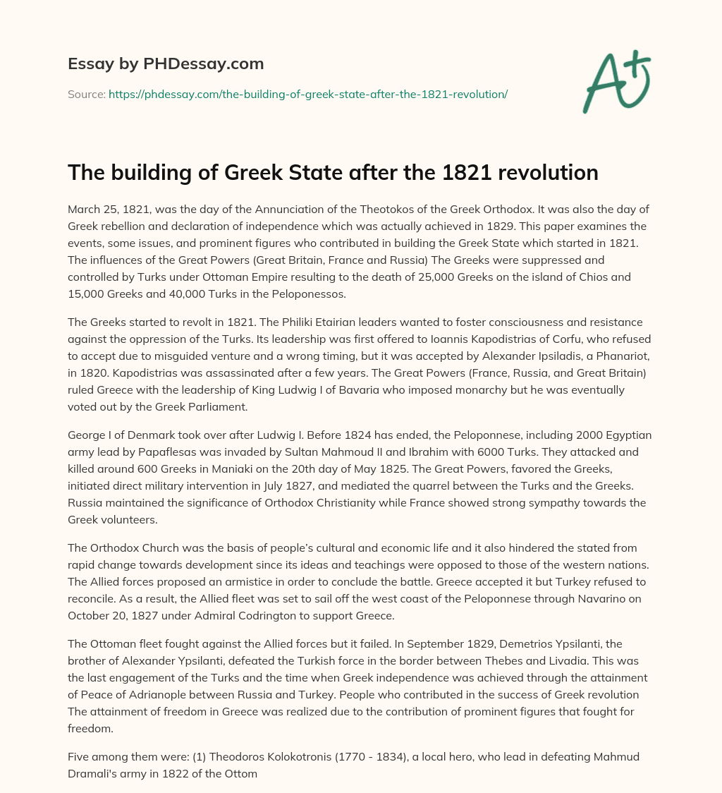 The building of Greek State after the 1821 revolution essay