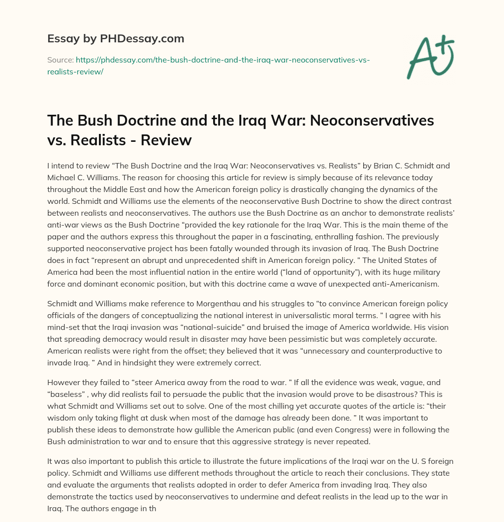 The Bush Doctrine and the Iraq War: Neoconservatives vs. Realists – Review essay