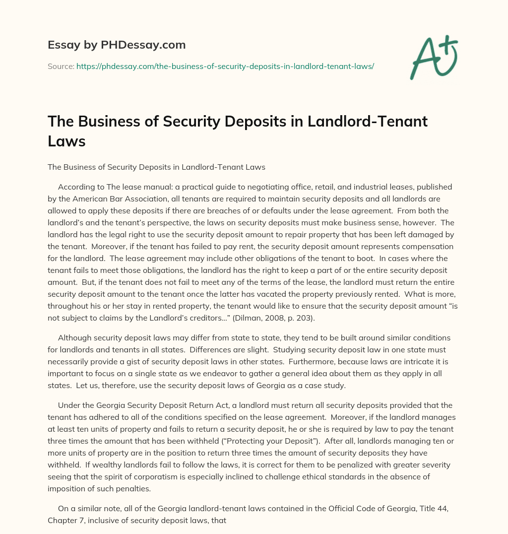 The Business of Security Deposits in LandlordTenant Laws