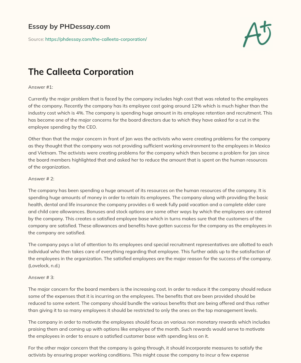 The Calleeta Corporation essay
