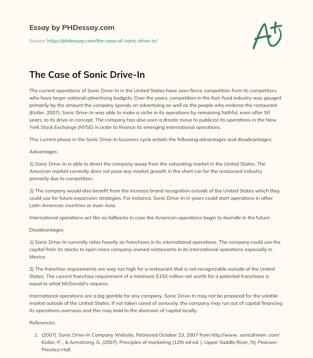 The Case of Sonic Drive-In essay