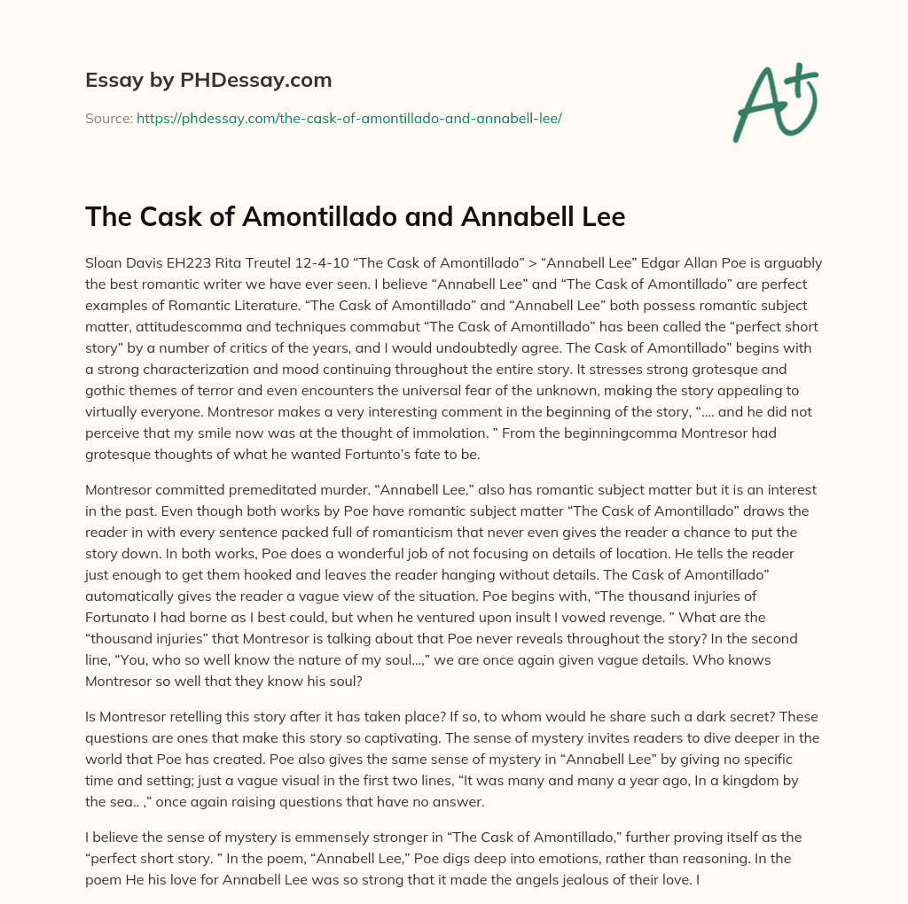 The Cask of Amontillado and Annabell Lee essay