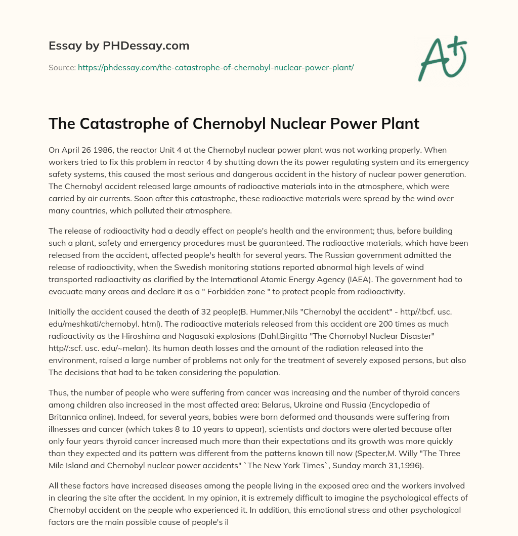 The Catastrophe of Chernobyl Nuclear Power Plant essay