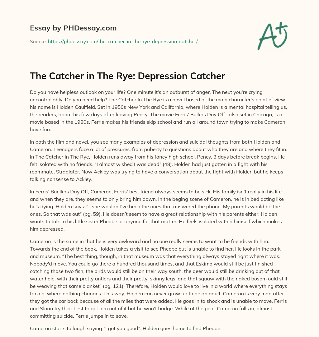 The Catcher in The Rye: Depression Catcher essay