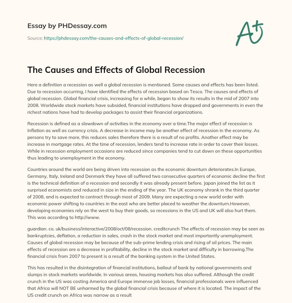 The Causes and Effects of Global Recession essay