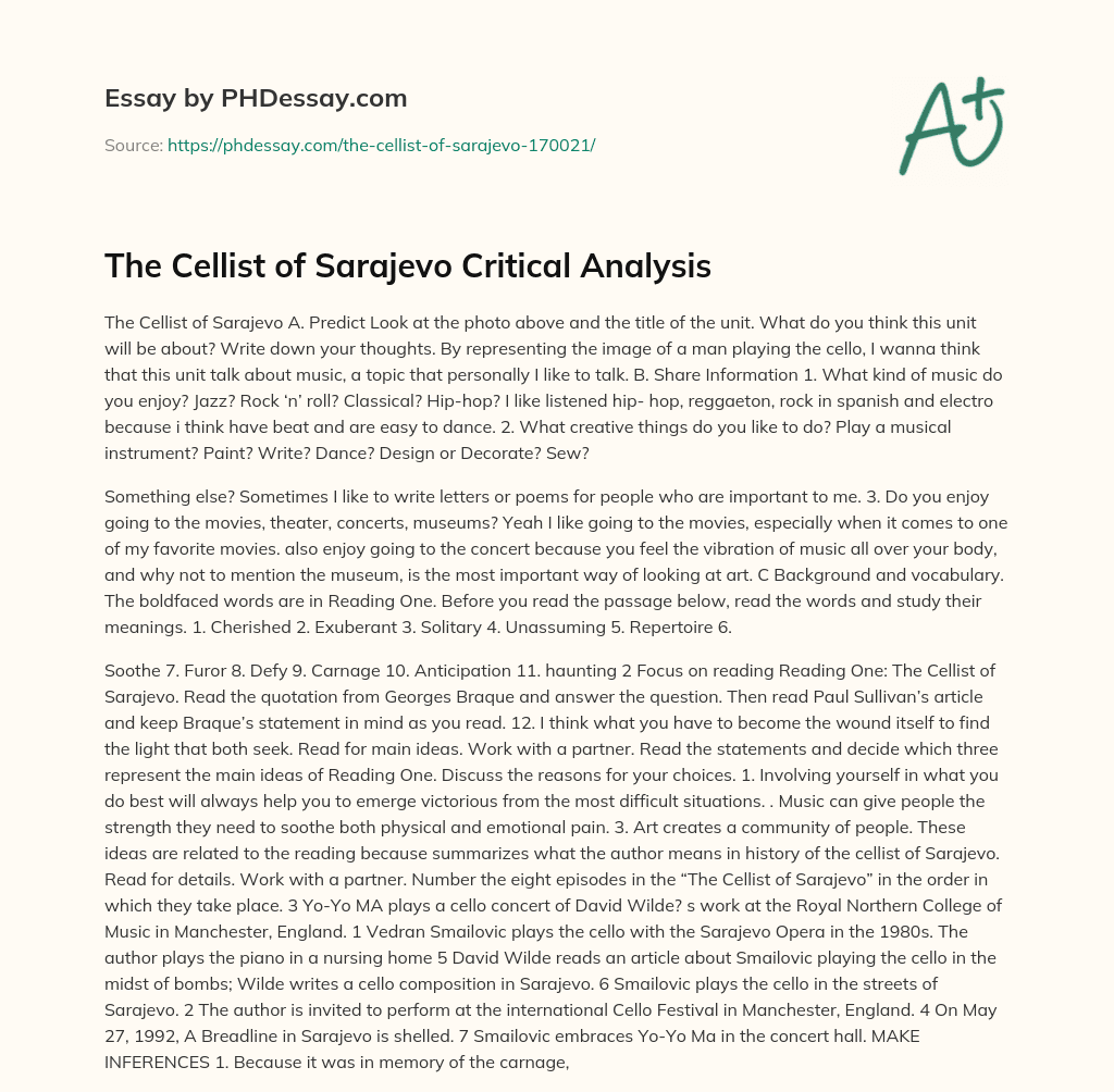 The Cellist of Sarajevo Critical Analysis essay
