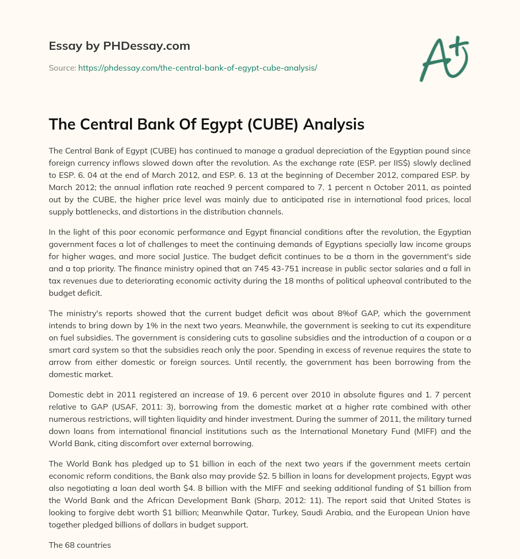 The Central Bank Of Egypt (CUBE) Analysis essay