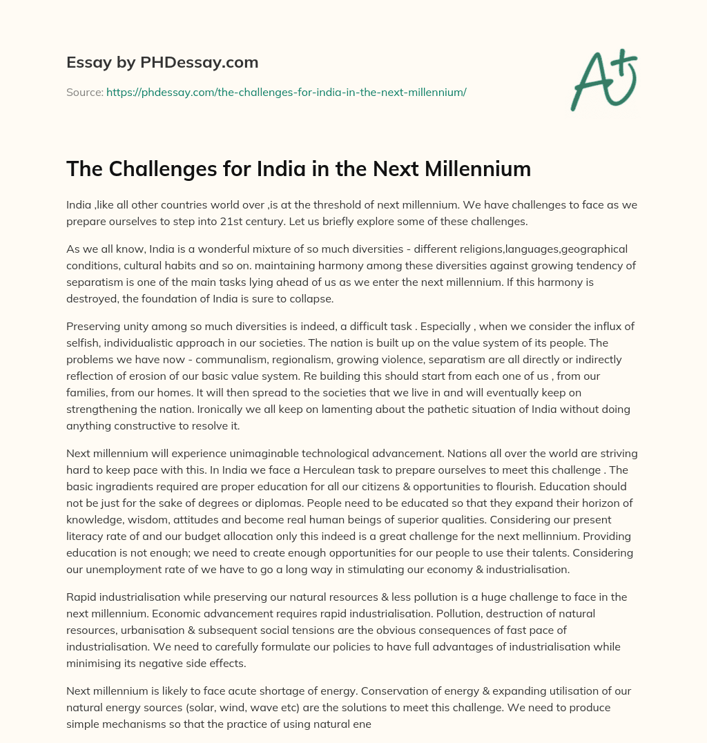 The Challenges for India in the Next Millennium essay