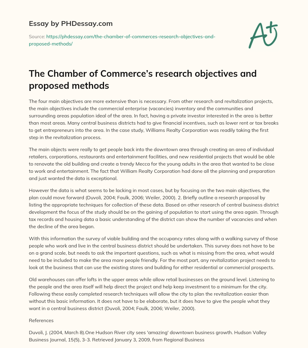 The Chamber of Commerce’s research objectives and proposed methods essay