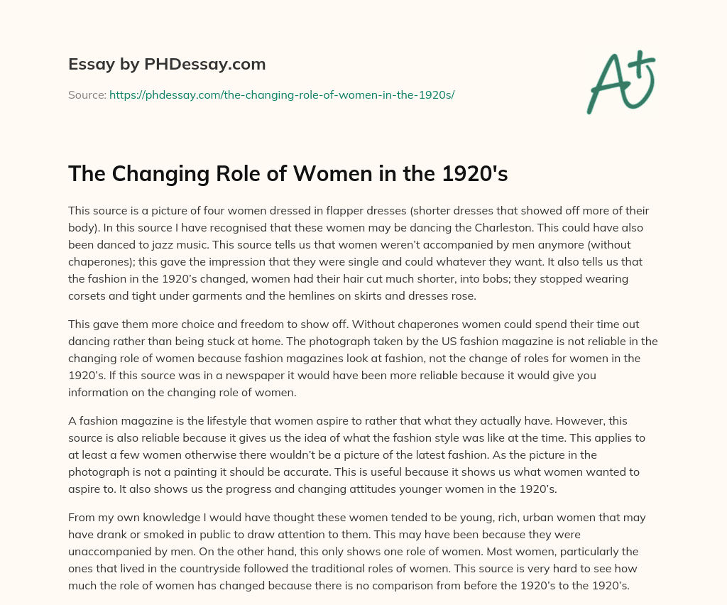 The Changing Role of Women in the 1920’s essay