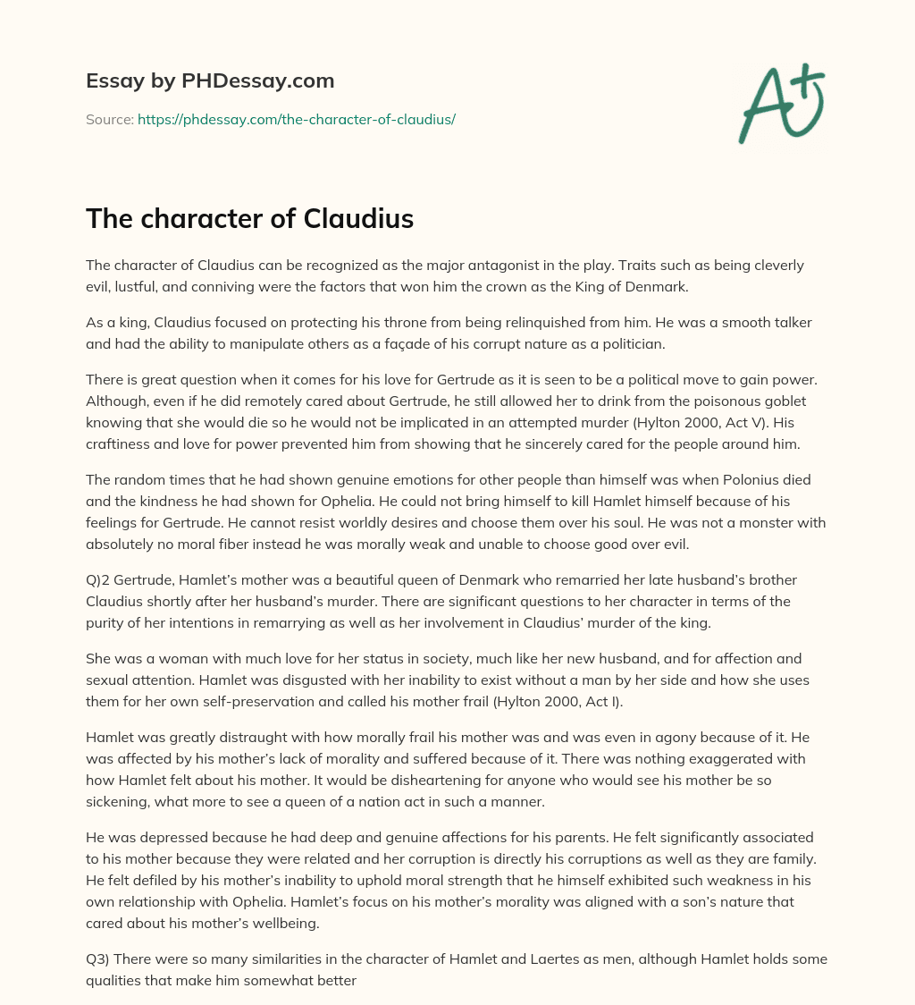 essay about claudius in hamlet