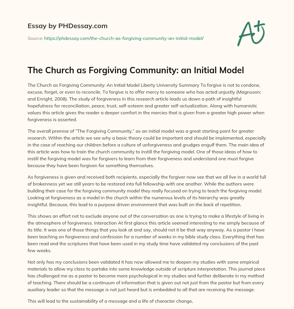The Church as Forgiving Community: an Initial Model essay