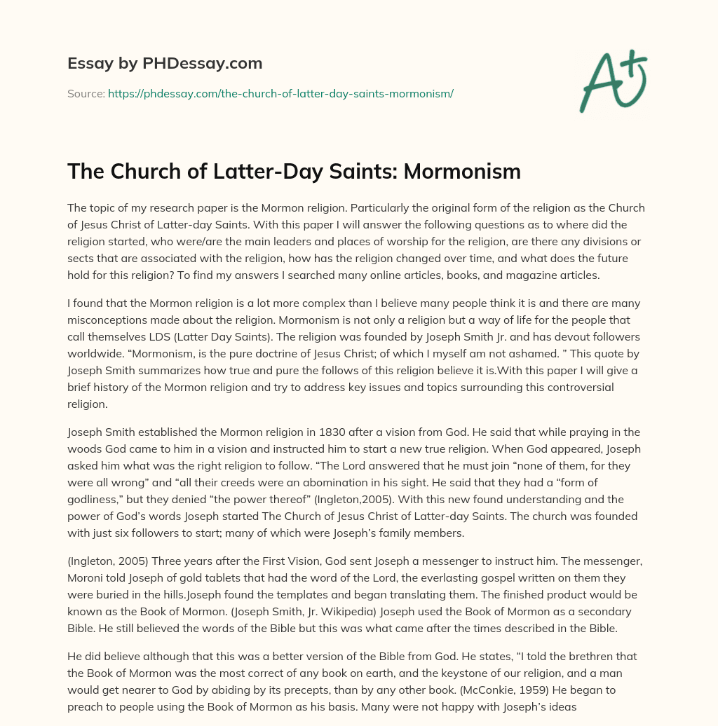 The Church of Latter-Day Saints: Mormonism essay